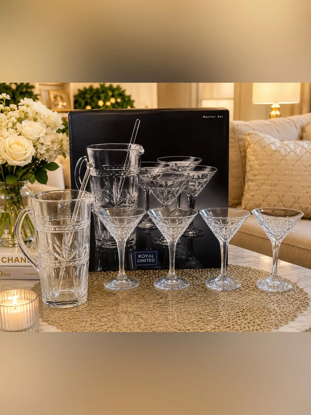 Royal Limited Clear Crystal Martini Glasses with Pitcher Set